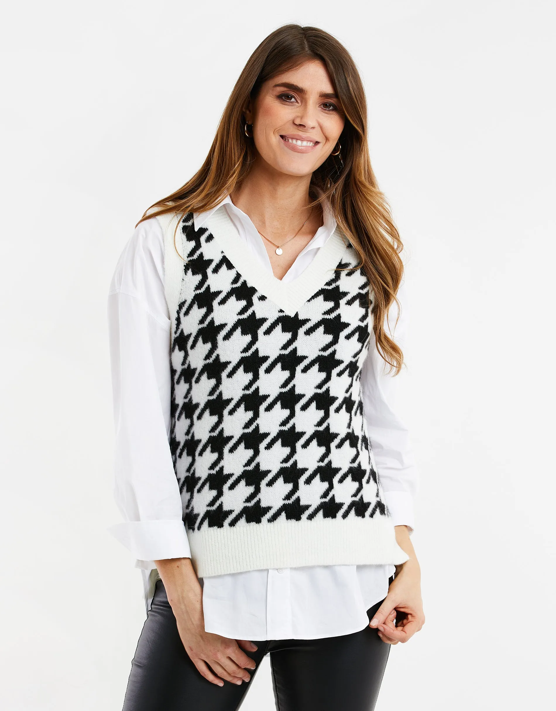 Women's Black & White Dogtooth Knitted Sweater Vest sold by Threadbare