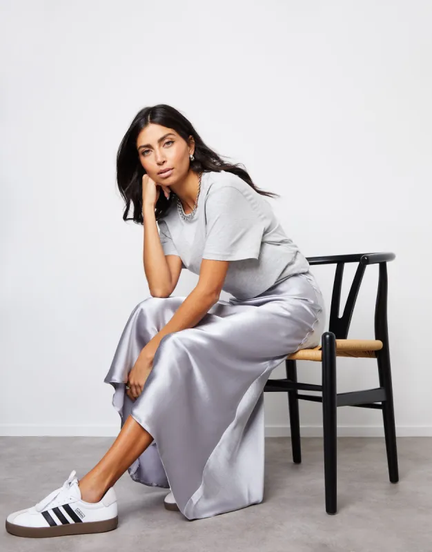 Silver Maxi Satin Slip Skirt sold by Threadbare