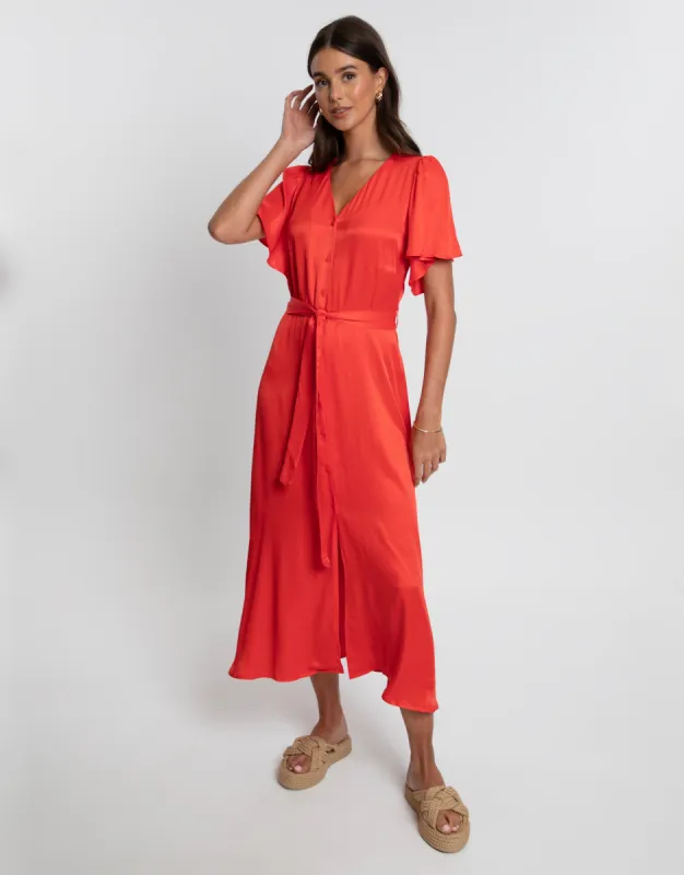 Women's Red Satin Button Down Midi Dress sold by Threadbare