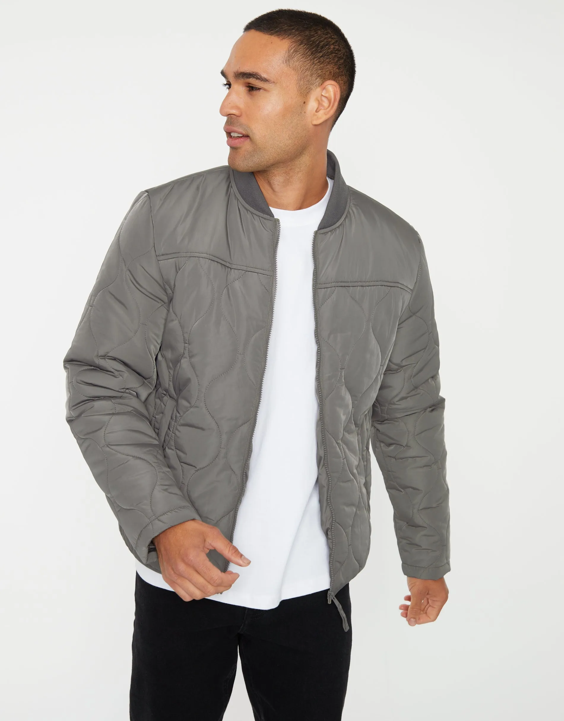 Men's Slate Onion Quilted Bomber Jacket sold by Threadbare