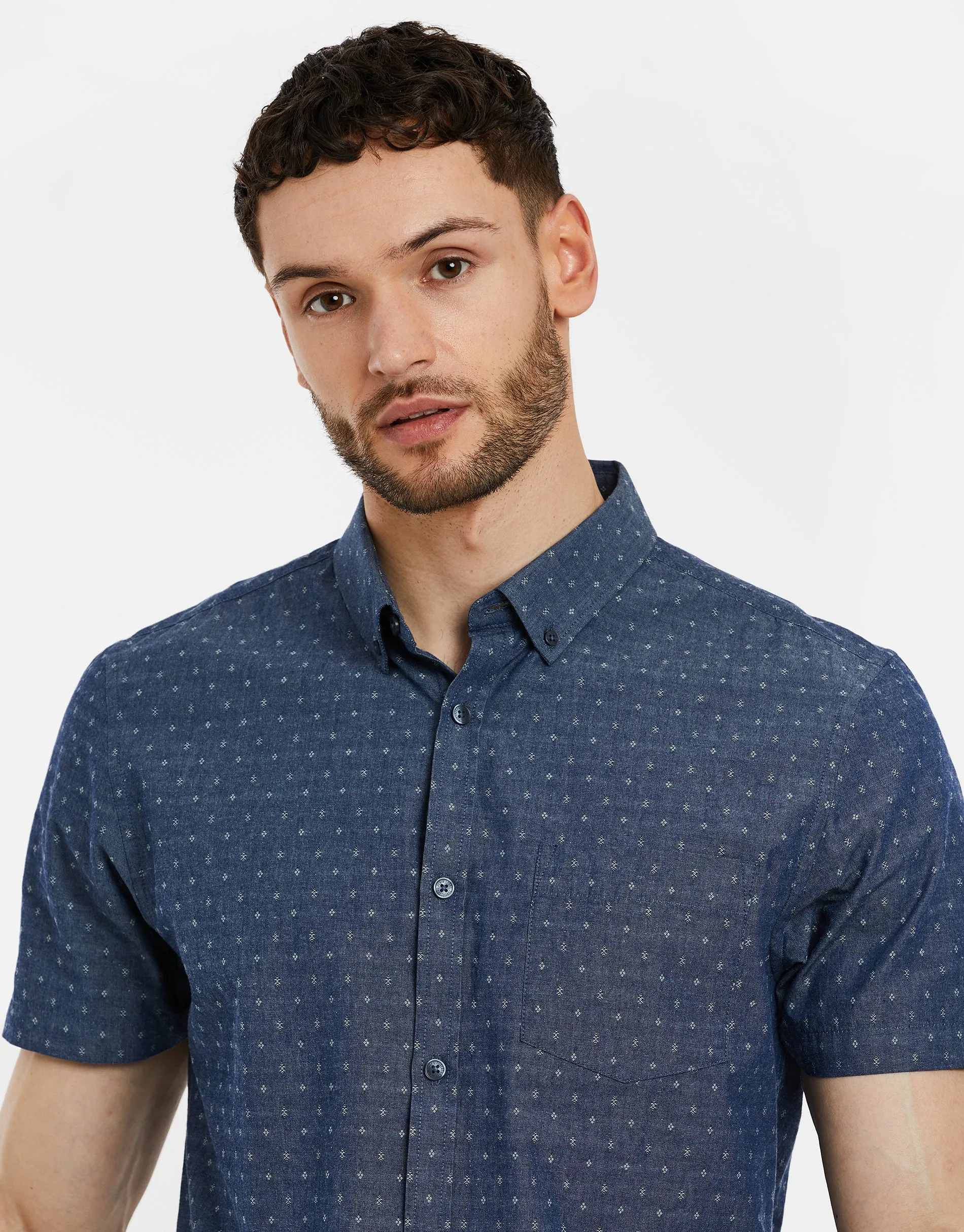 Men's Navy Dobby Print Short Sleeve Chambray Shirt sold by Threadbare product image thumbnail 4