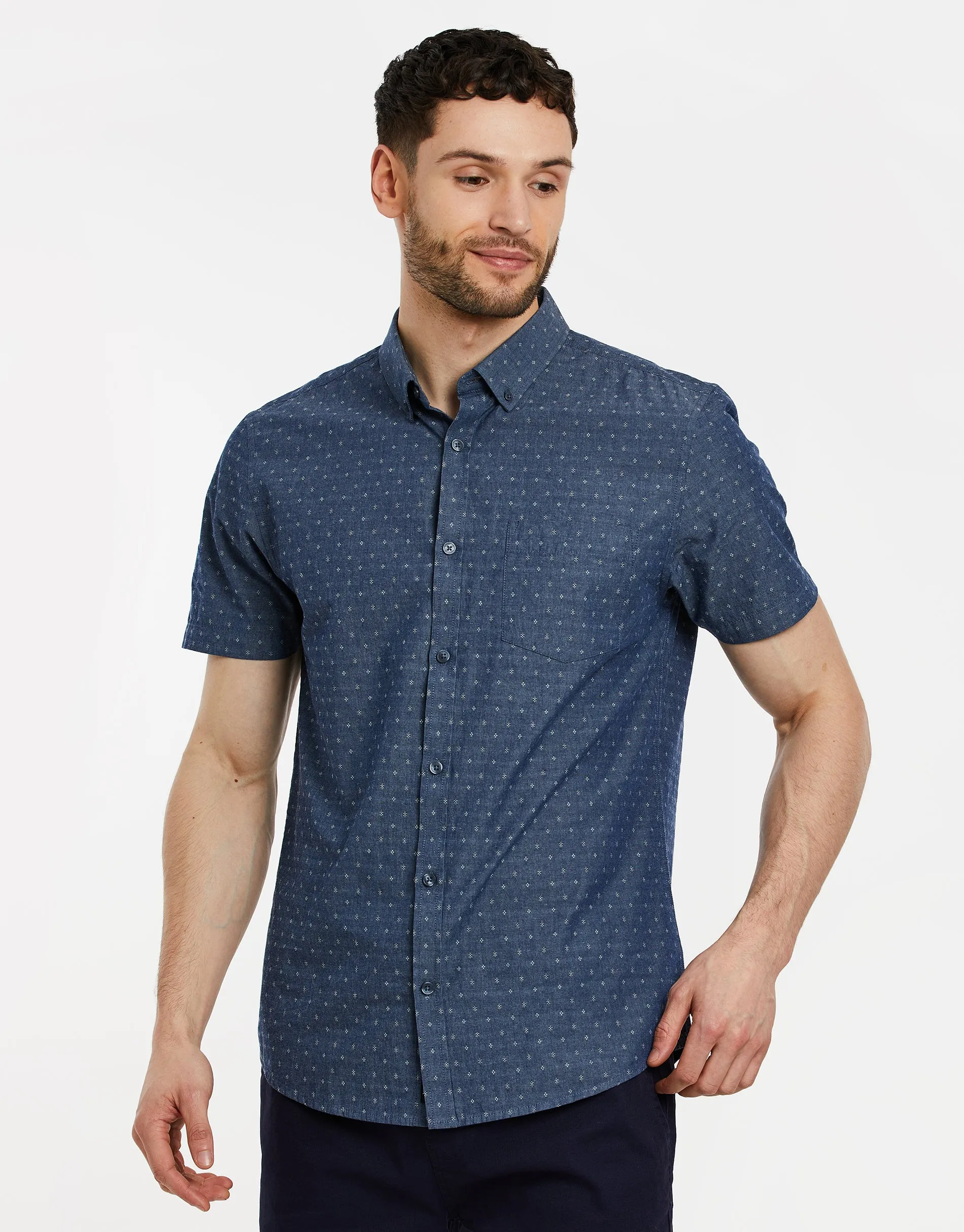 Men's Navy Dobby Print Short Sleeve Chambray Shirt sold by Threadbare