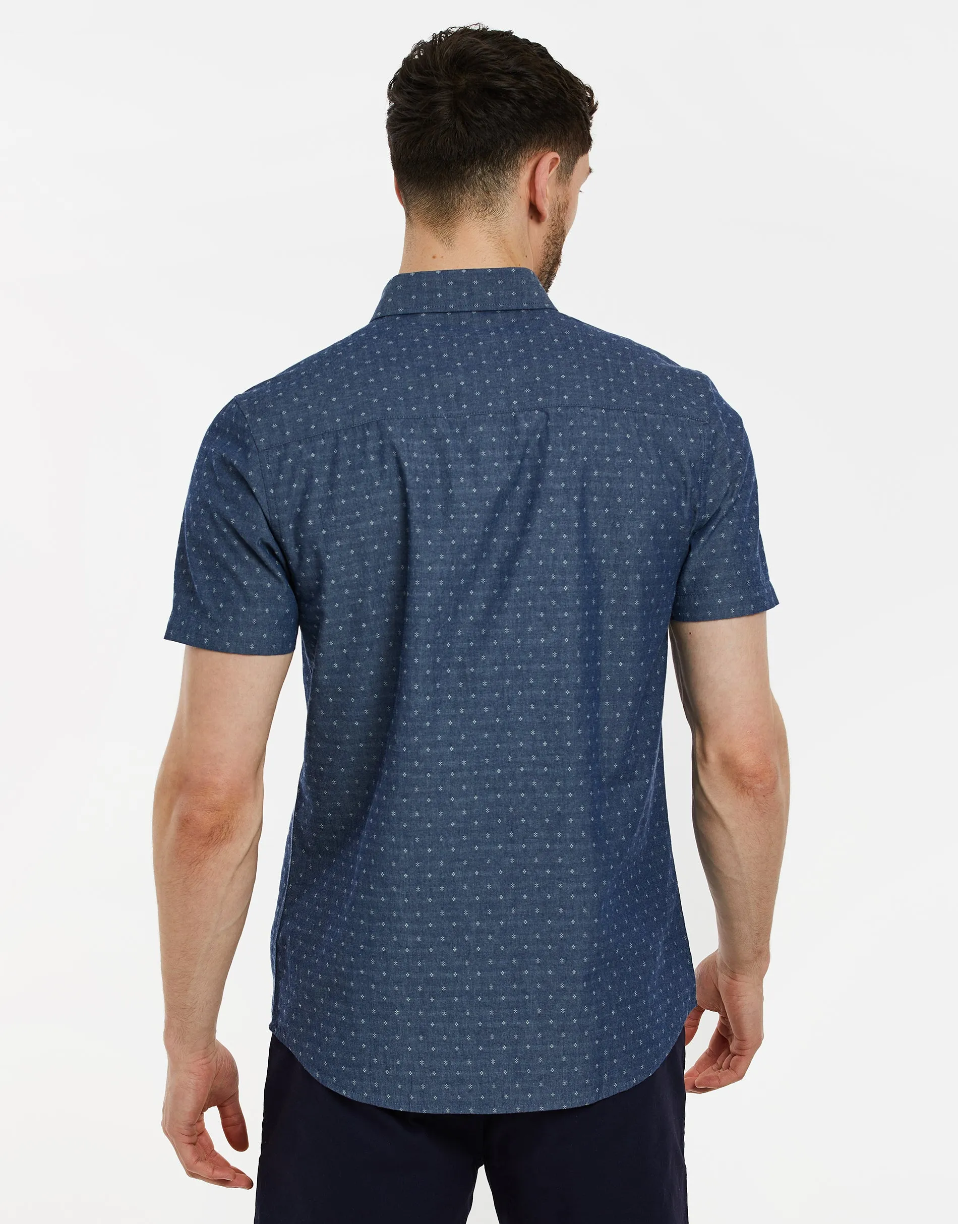 Men's Navy Dobby Print Short Sleeve Chambray Shirt sold by Threadbare product image thumbnail 2
