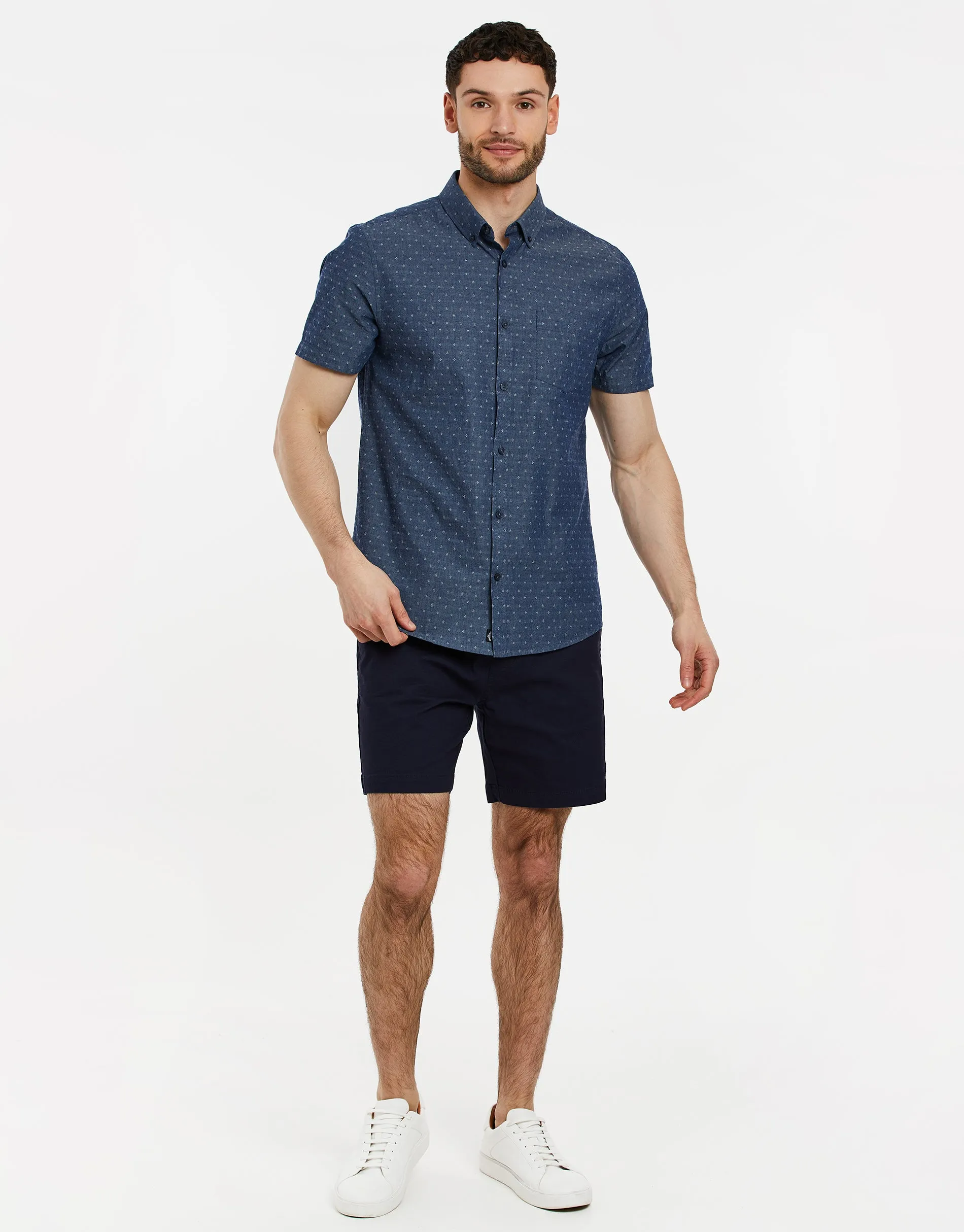 Men's Navy Dobby Print Short Sleeve Chambray Shirt sold by Threadbare product image thumbnail 3
