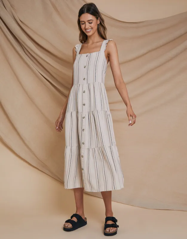 Women's Stone Stripe Linen Blend Tiered Midi Dress with Flutter Strap sold by Threadbare