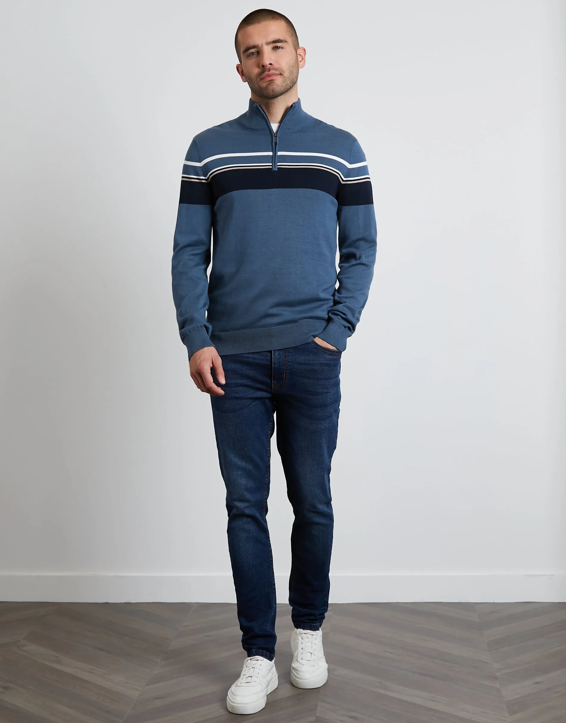 Men's Denim Blue Quarter Zip Colourblock Jumper sold by Threadbare product image thumbnail 3