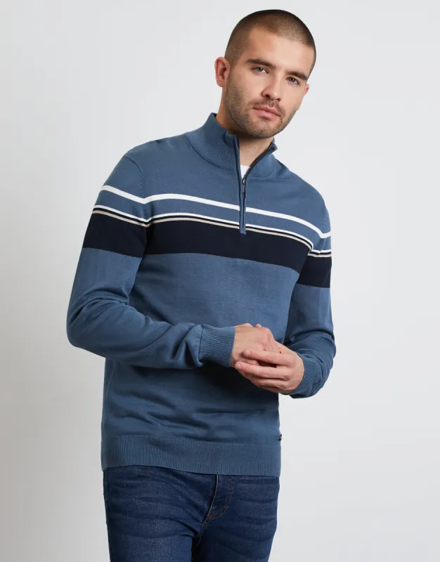Men's Denim Blue Quarter Zip Colourblock Jumper sold by Threadbare