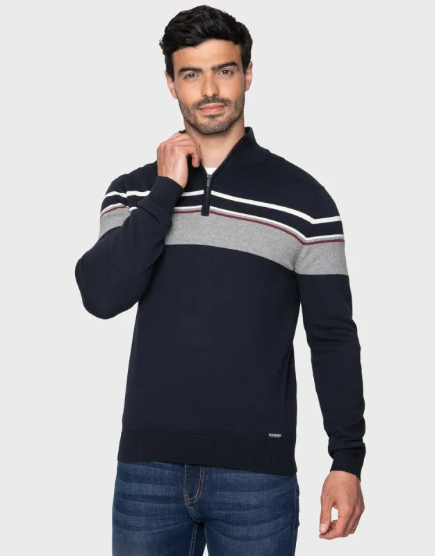 Men's Navy Mix Quarter Zip Colourblock Jumper sold by Threadbare