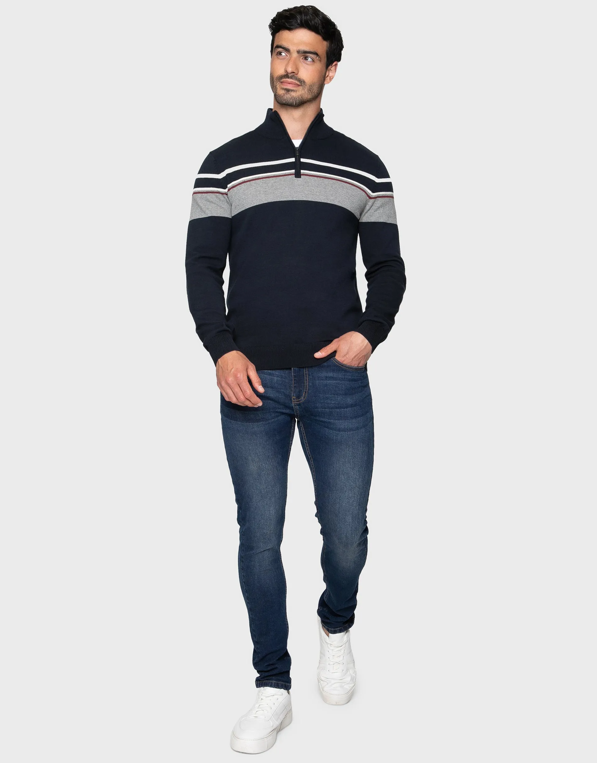 Men's Navy Mix Quarter Zip Colourblock Jumper sold by Threadbare product image thumbnail 3
