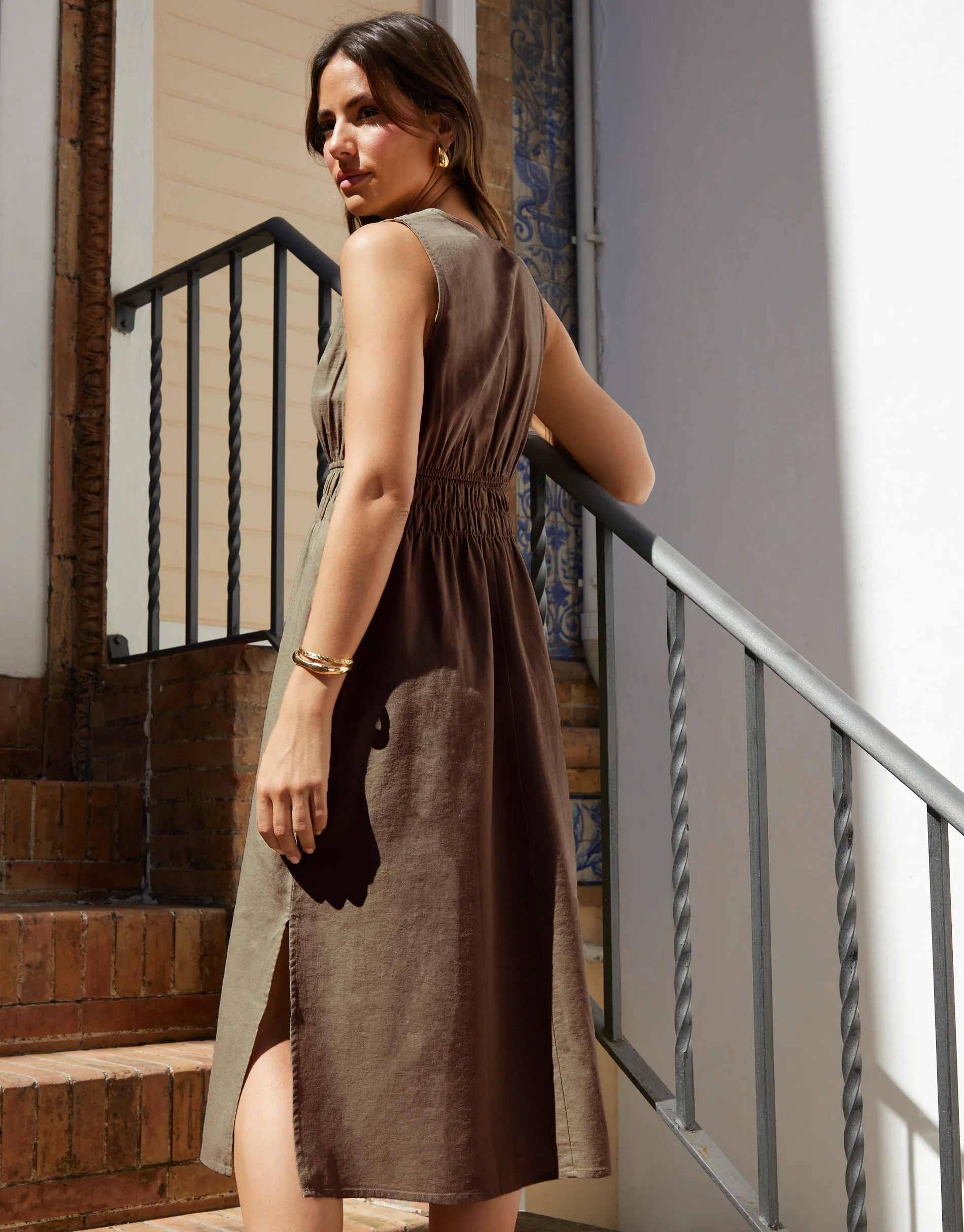 Women's Chocolate Linen Blend Ruched Midi Dress sold by Threadbare product image thumbnail 2