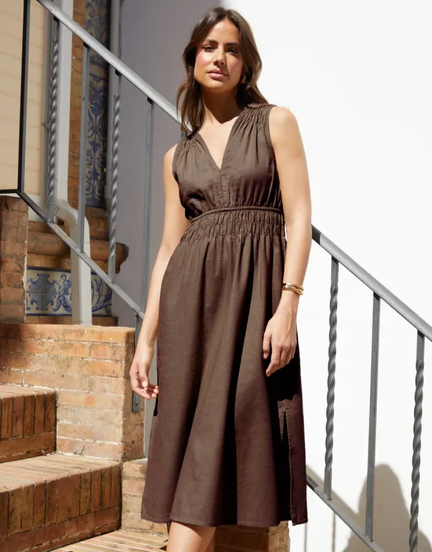 Women's Chocolate Linen Blend Ruched Midi Dress sold by Threadbare