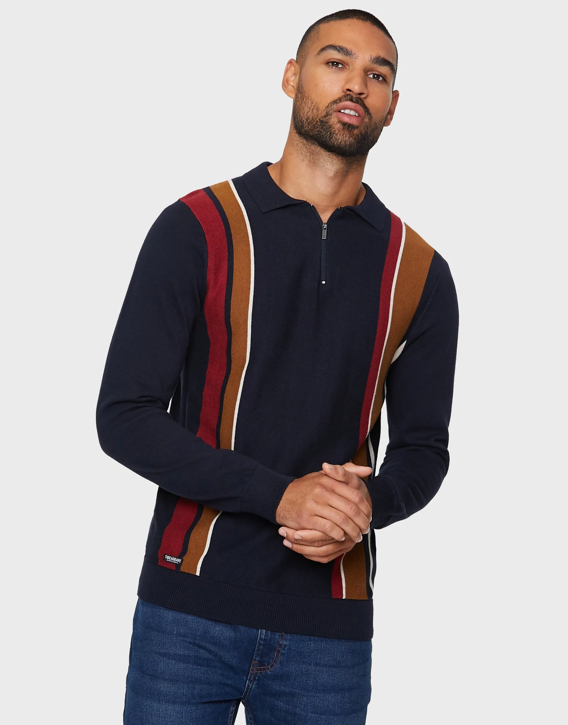 Men's Navy Striped Quarter Zip Polo Jumper sold by Threadbare