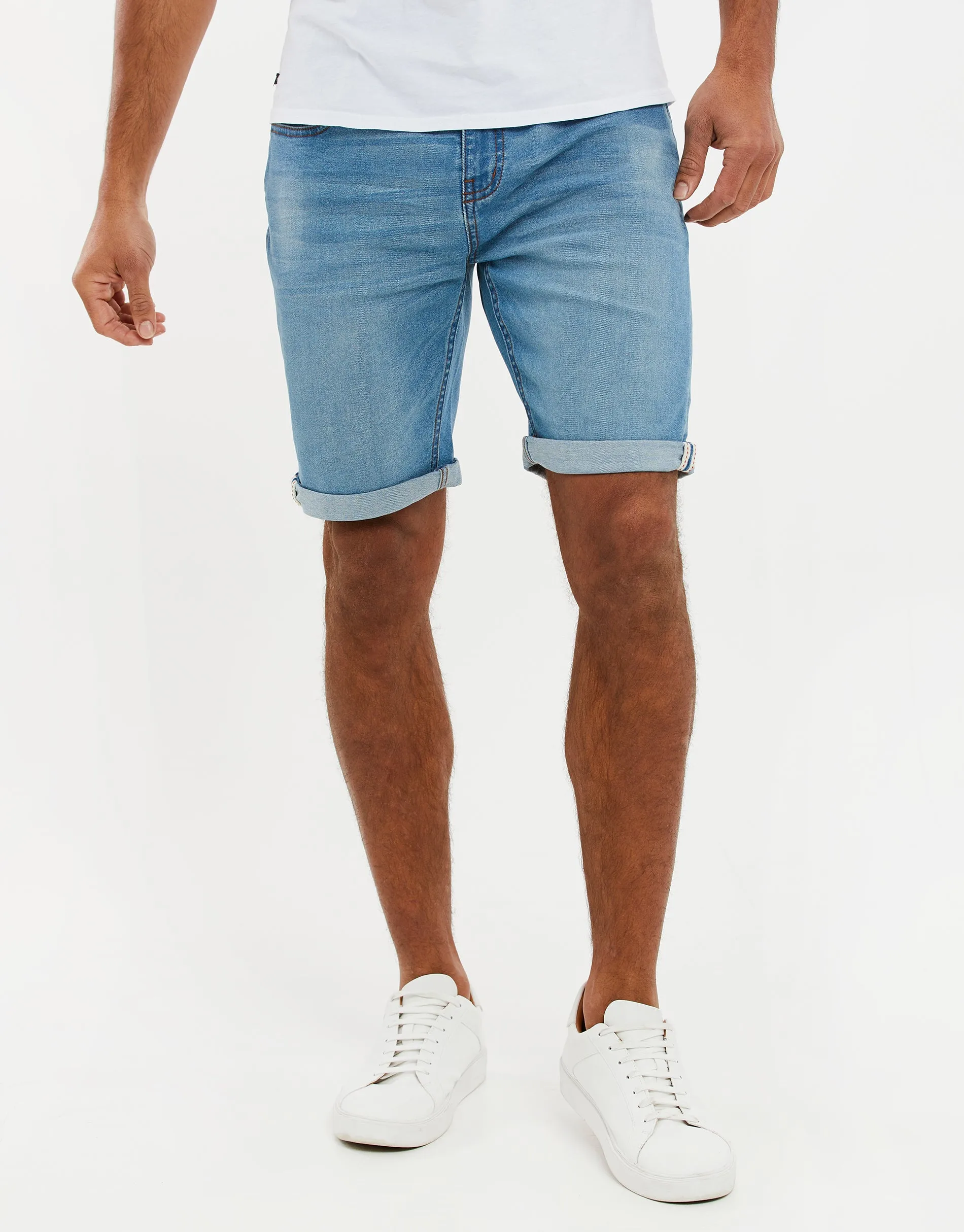 Men's Light Wash Blue Denim Shorts sold by Threadbare