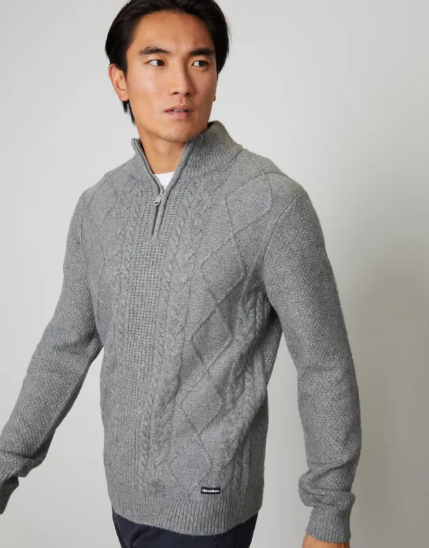 Men's Grey Marl Cable Knit Quarter Zip Jumper sold by Threadbare