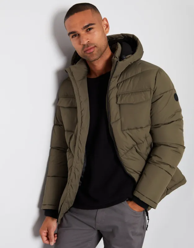 Men's Khaki Showerproof 4 Pocket Hooded Puffer Jacket sold by Threadbare