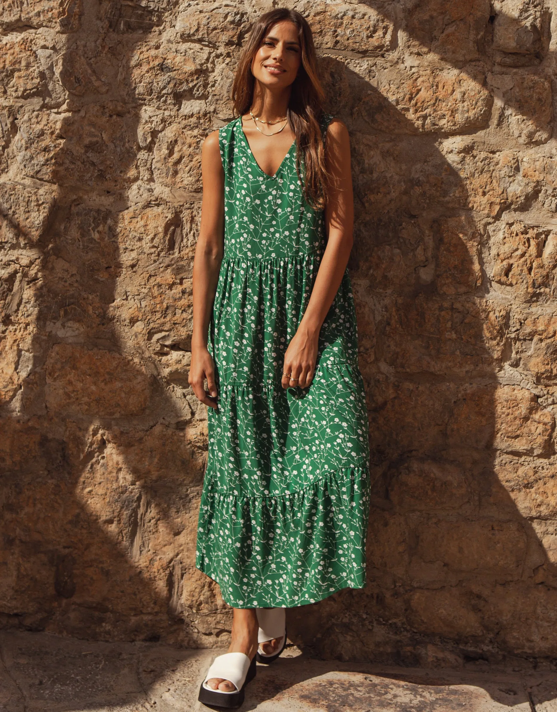 Women's Green Ditsy Floral Print Tiered V-Neck Midi Dress sold by Threadbare