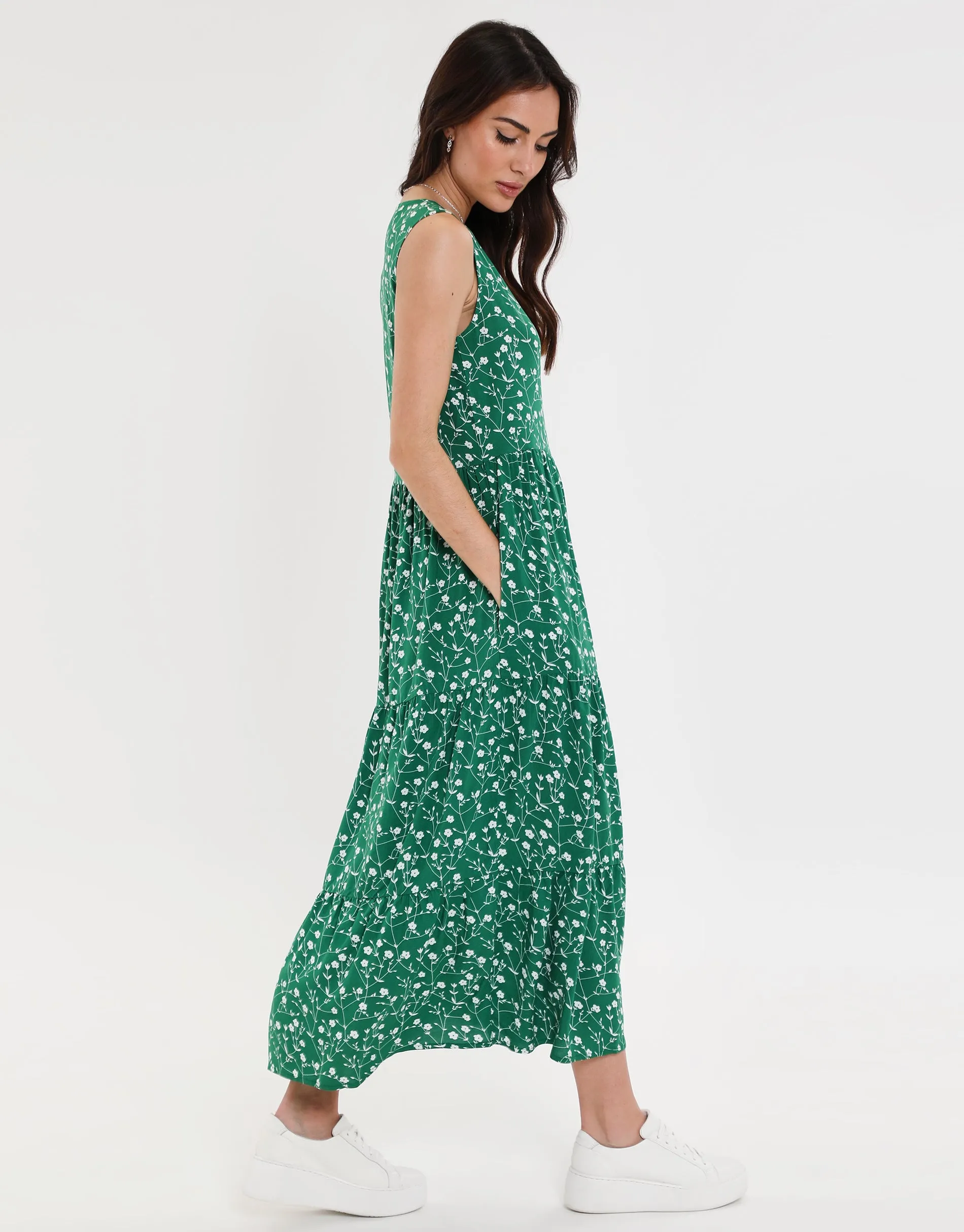 Women's Green Ditsy Floral Print Tiered V-Neck Midi Dress sold by Threadbare product image thumbnail 3