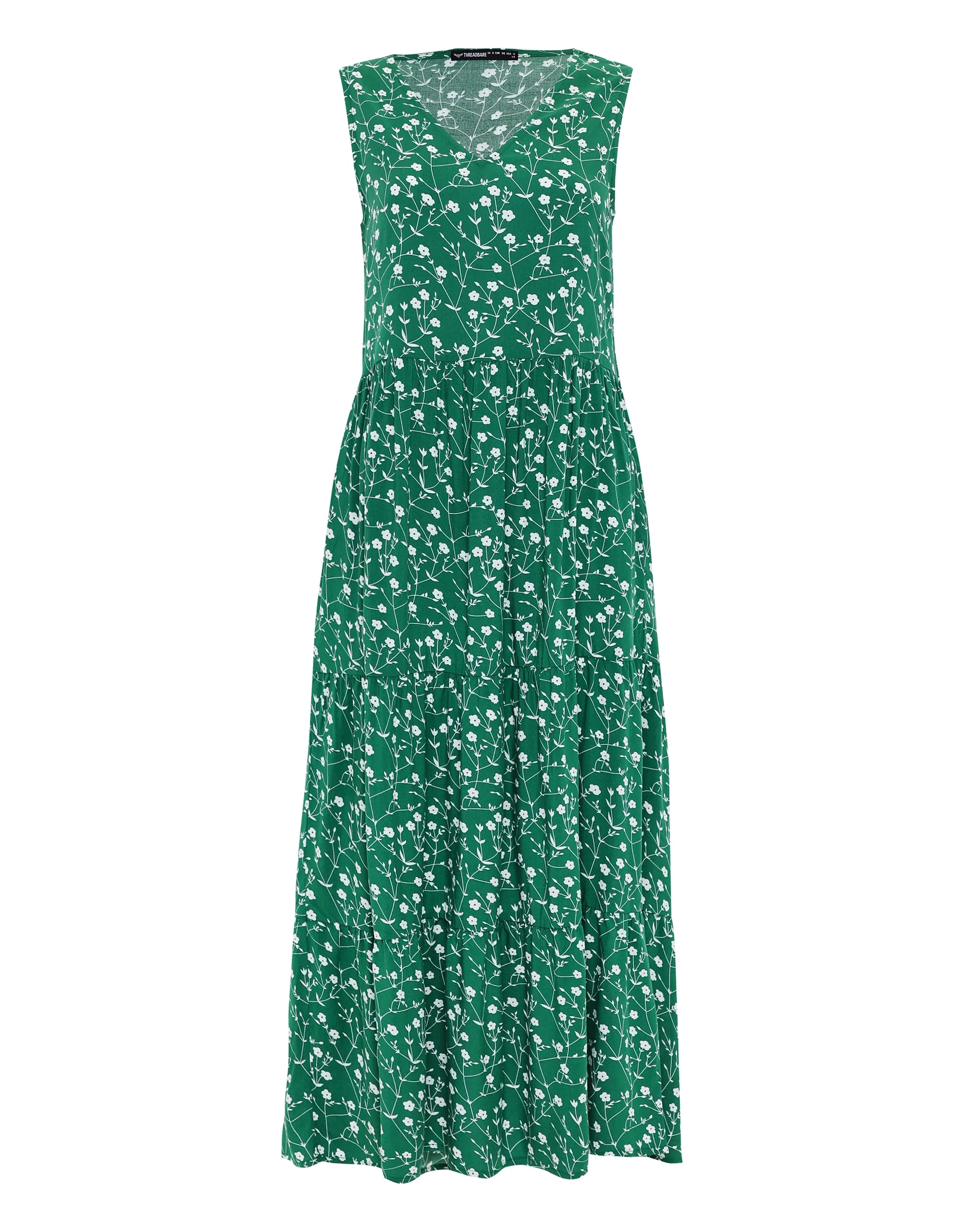 Women's Green Ditsy Floral Print Tiered V-Neck Midi Dress sold by Threadbare product image thumbnail 5