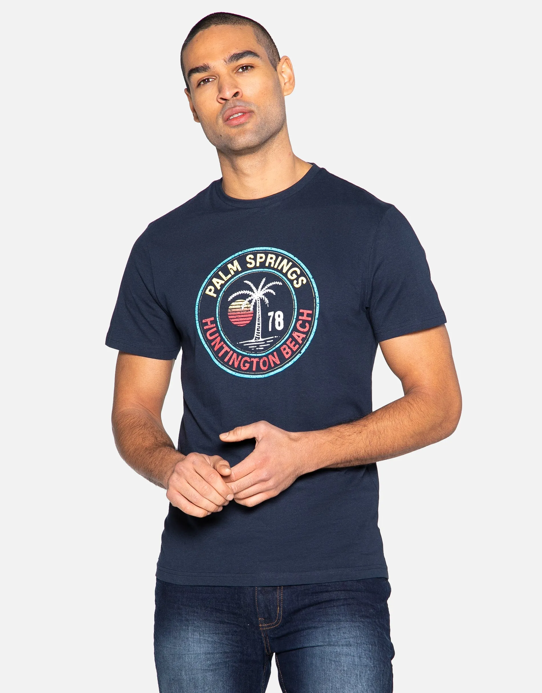 Men's Navy Front Print Cotton T Shirt sold by Threadbare