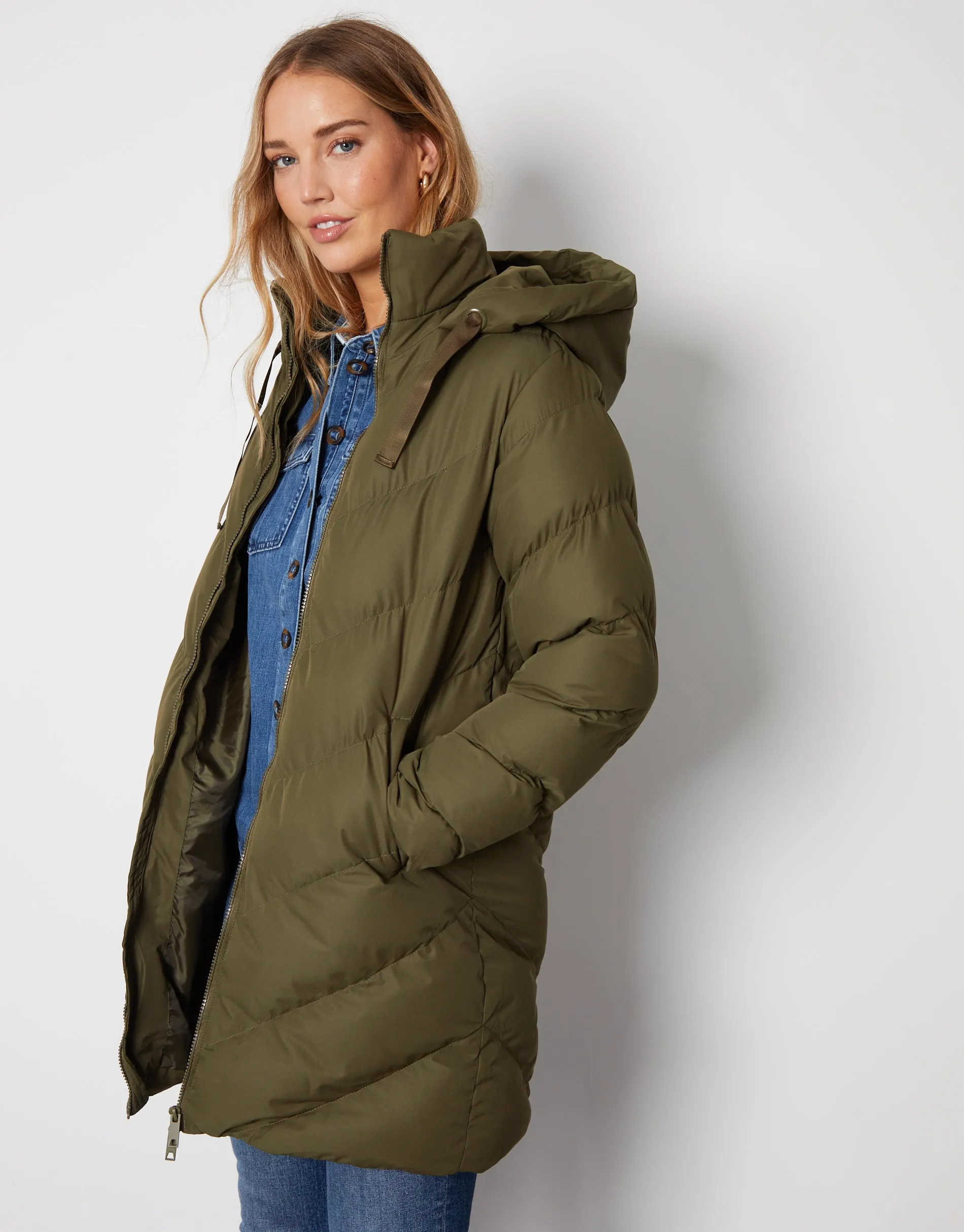 Women's Khaki Padded Mid Length Hooded Puffer Jacket sold by Threadbare