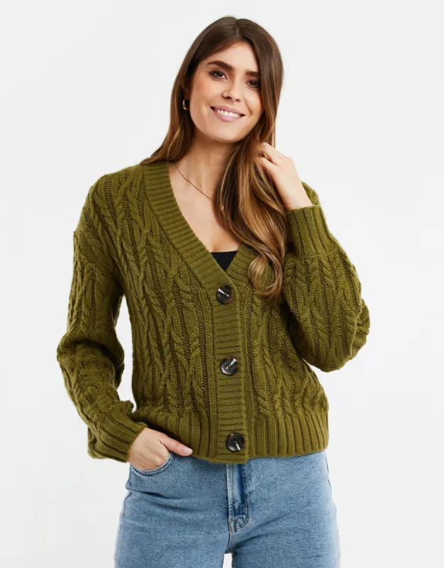 Women's Khaki Cable Knit Cardigan sold by Threadbare