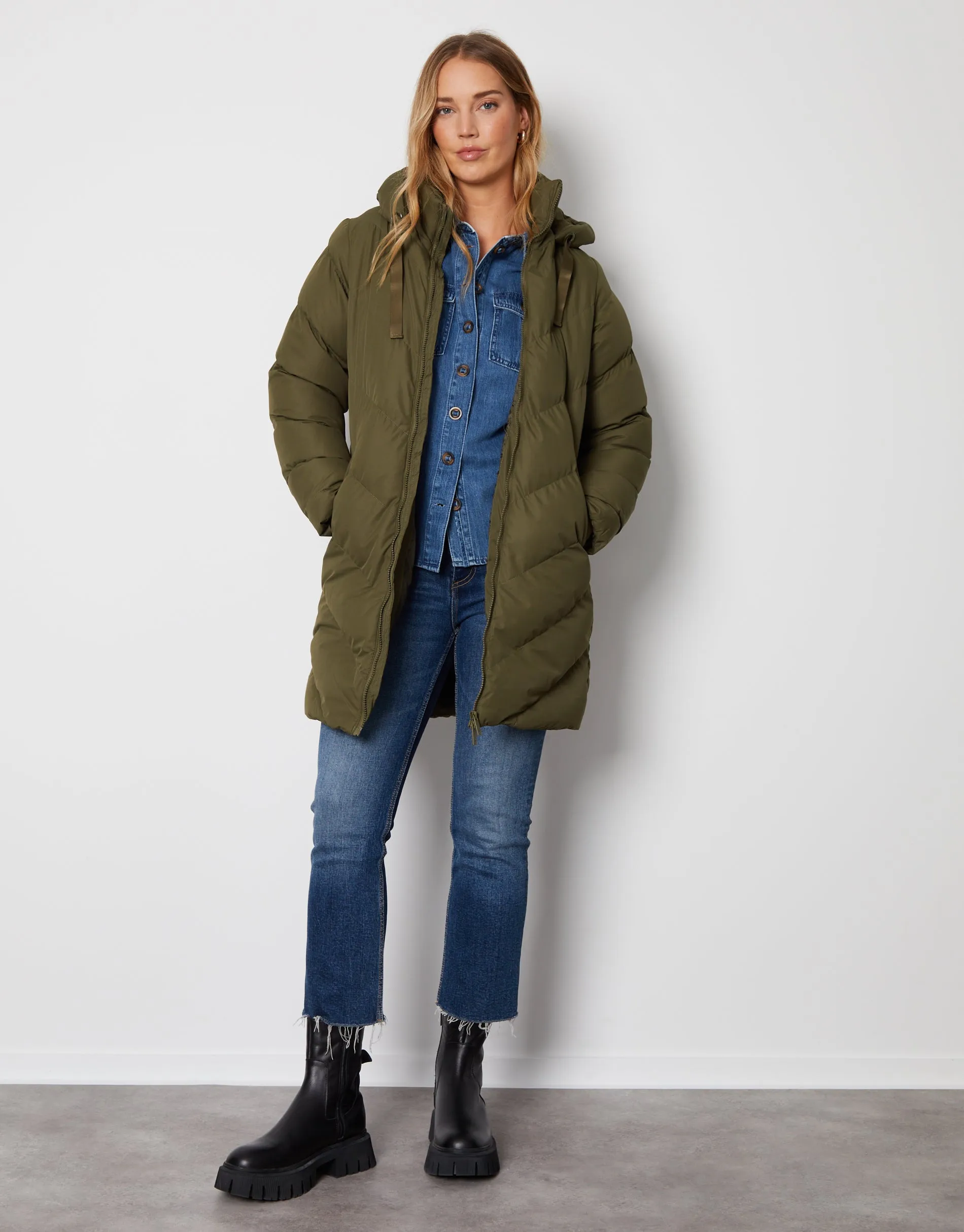 Women's Khaki Padded Mid Length Hooded Puffer Jacket sold by Threadbare product image thumbnail 3