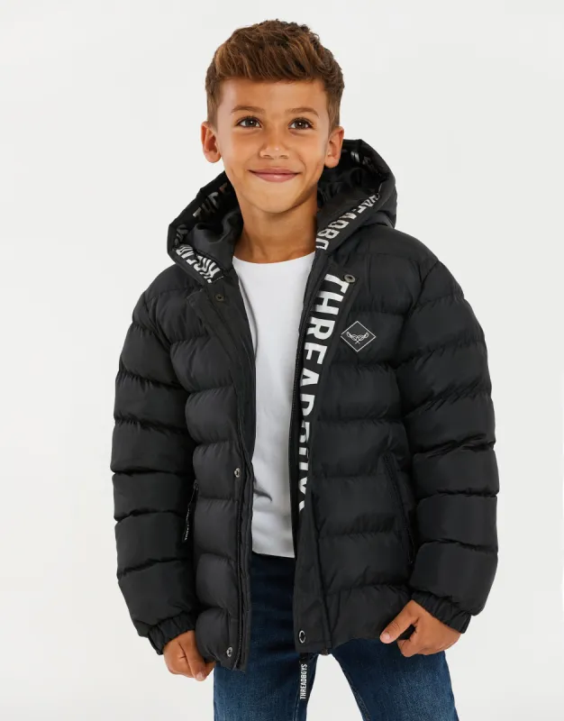 Boys' Black Hooded Puffer Jacket sold by Threadbare