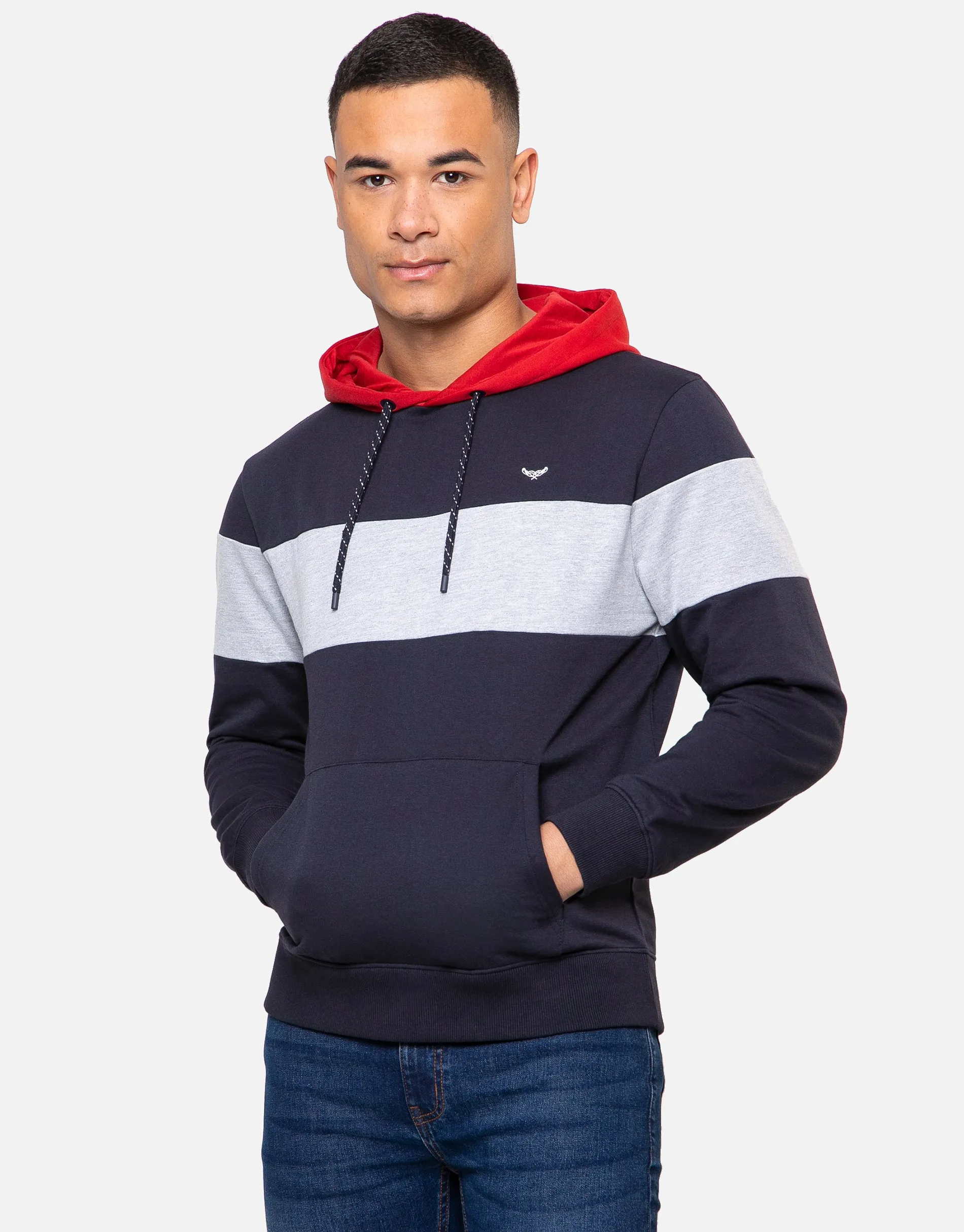 Men's Navy Colourblock Overhead Hoodie sold by Threadbare