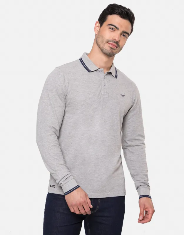 Men's Grey Long Sleeve Polo Shirt sold by Threadbare