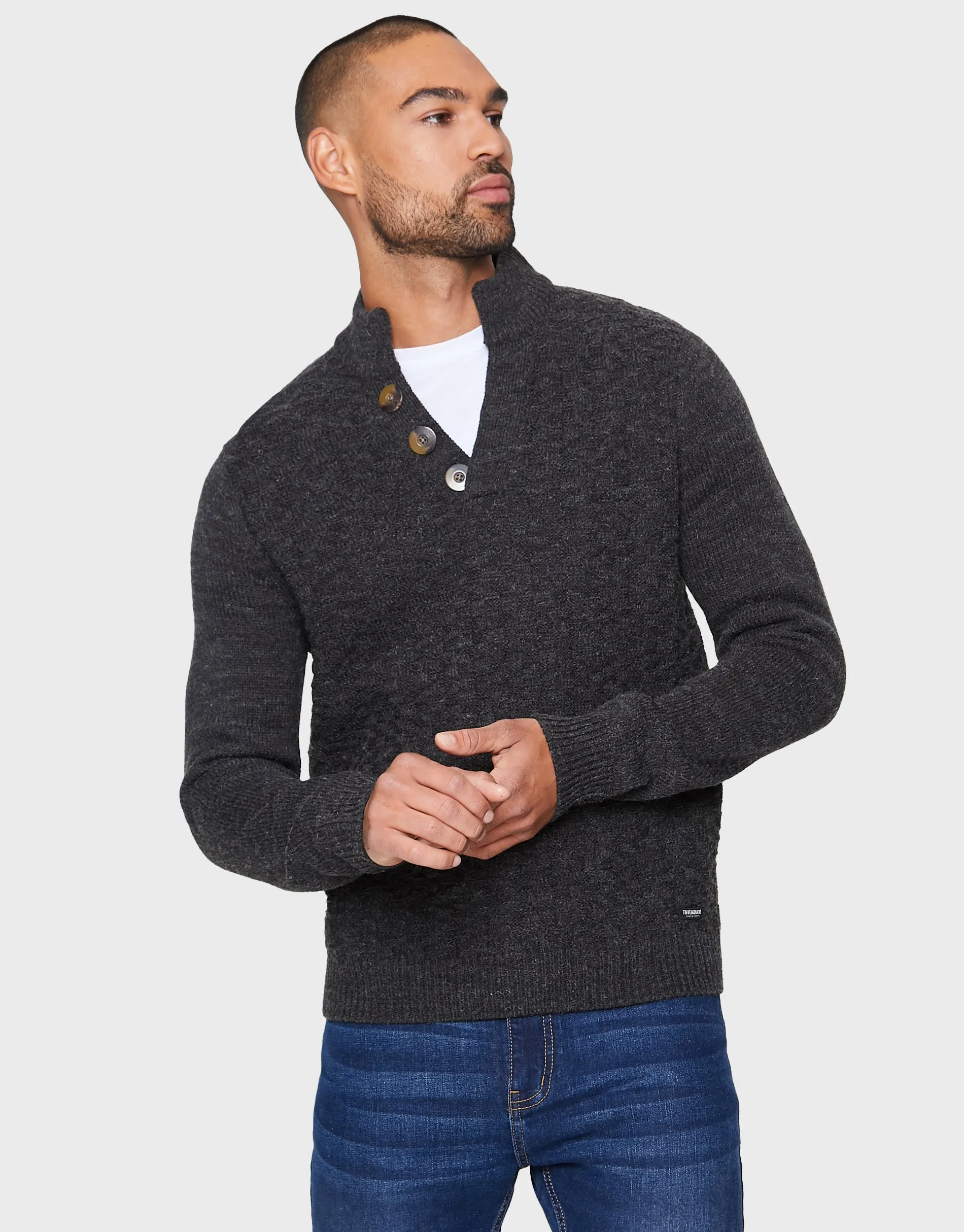 Men's Charcoal Marl Open Button Turtleneck Jumper sold by Threadbare