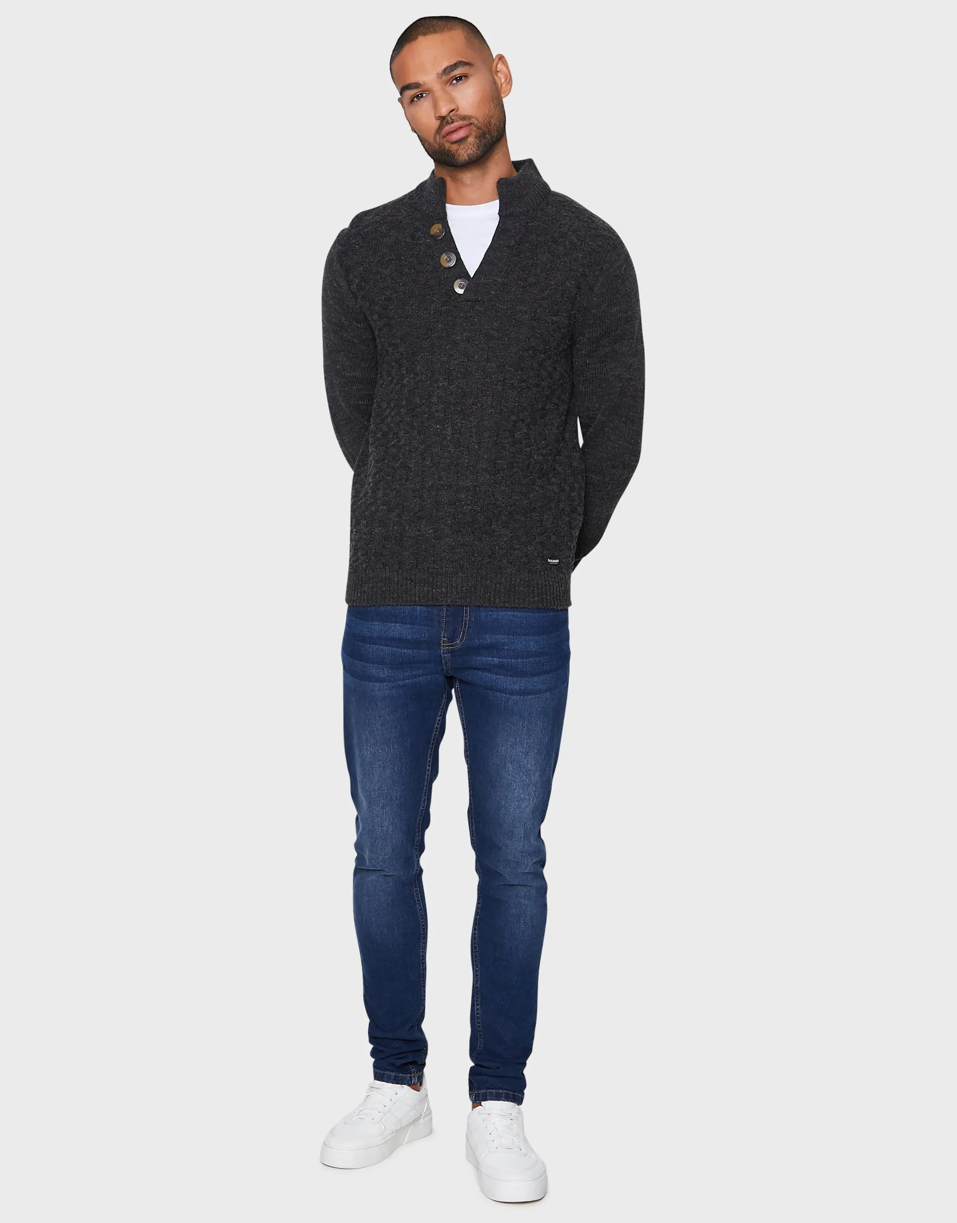 Men's Charcoal Marl Open Button Turtleneck Jumper sold by Threadbare product image thumbnail 3