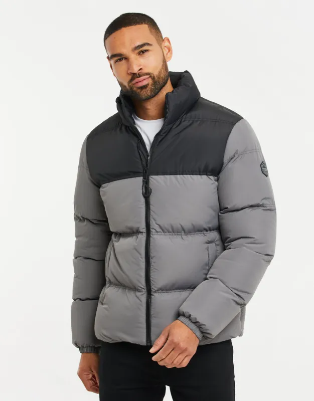 Men's Slate & Black Colourblock Puffer Jacket sold by Threadbare