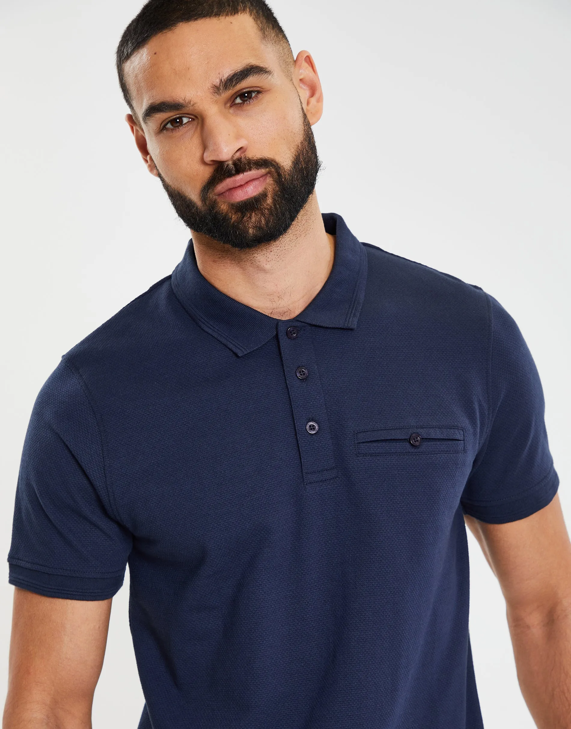 Men's Navy Honeycomb Rib Jetted Pocket Polo Shirt sold by Threadbare product image thumbnail 4