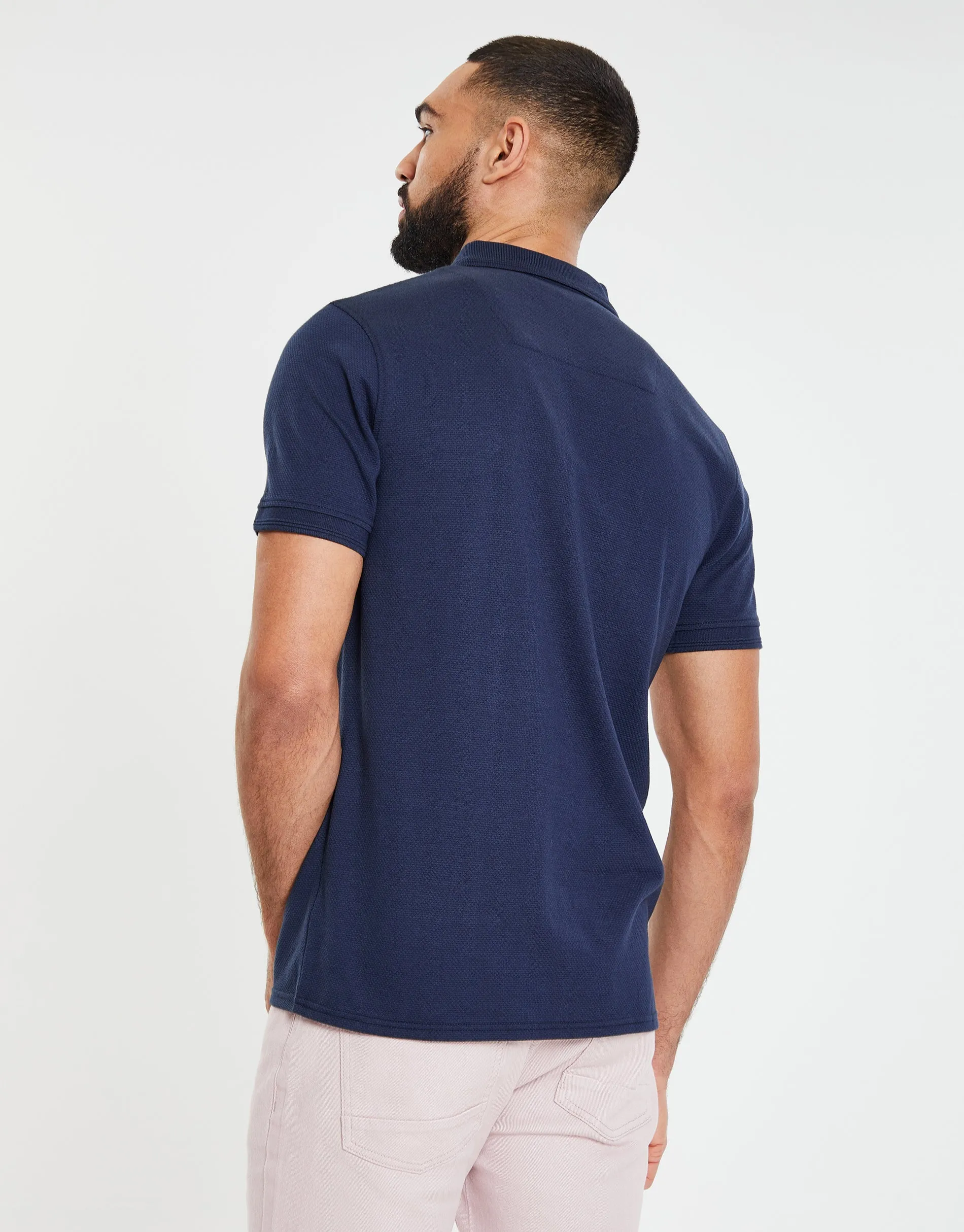 Men's Navy Honeycomb Rib Jetted Pocket Polo Shirt sold by Threadbare product image thumbnail 2