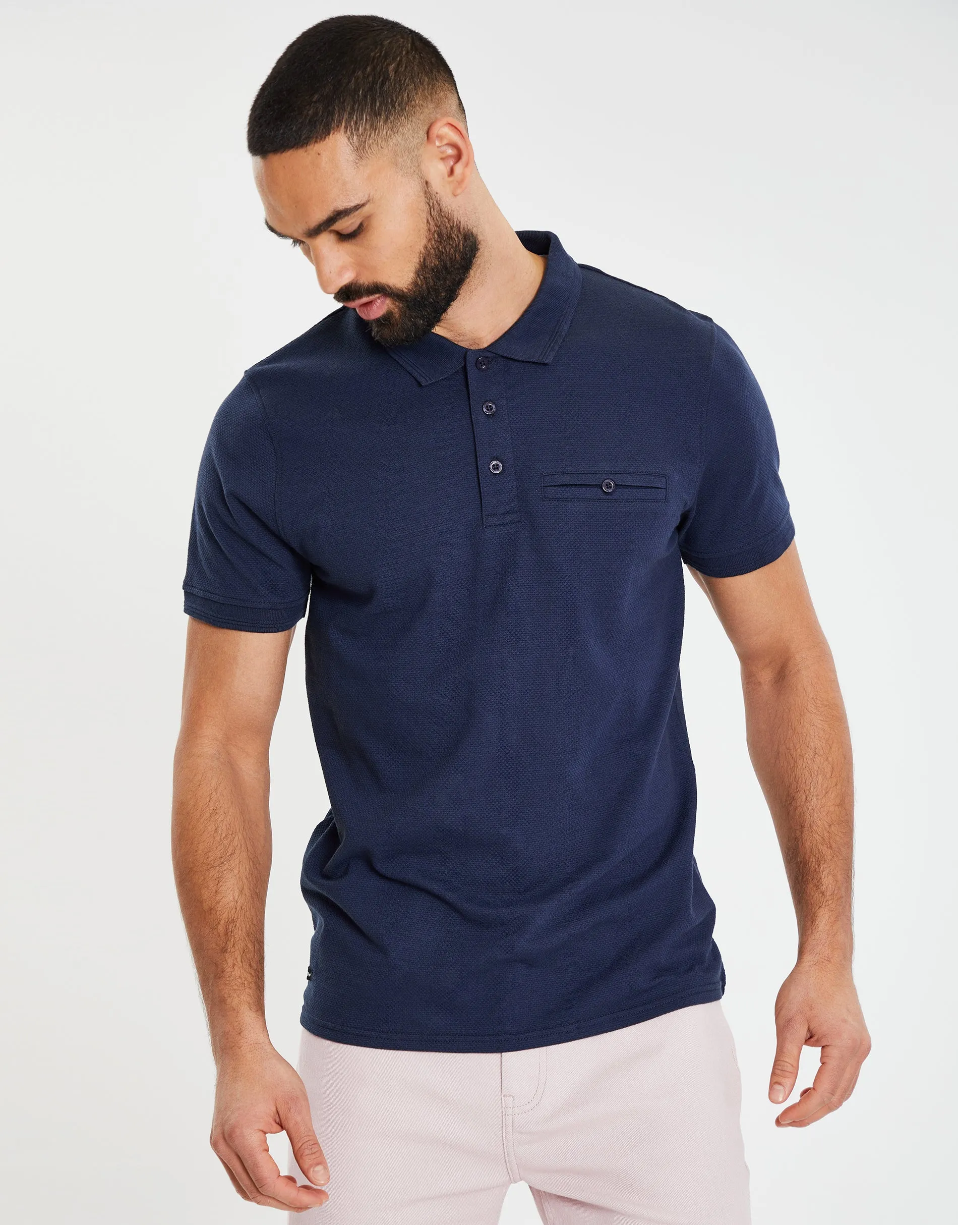 Men's Navy Honeycomb Rib Jetted Pocket Polo Shirt sold by Threadbare