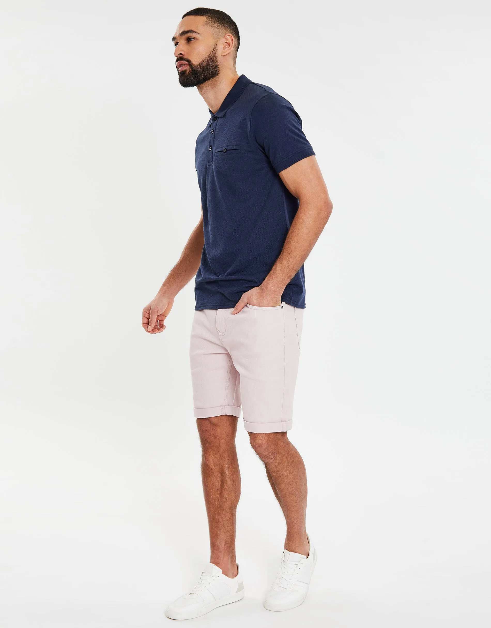 Men's Navy Honeycomb Rib Jetted Pocket Polo Shirt sold by Threadbare product image thumbnail 3