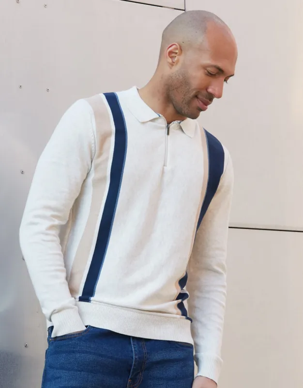 Men's Ecru Marl Striped Quarter Zip Polo Jumper sold by Threadbare