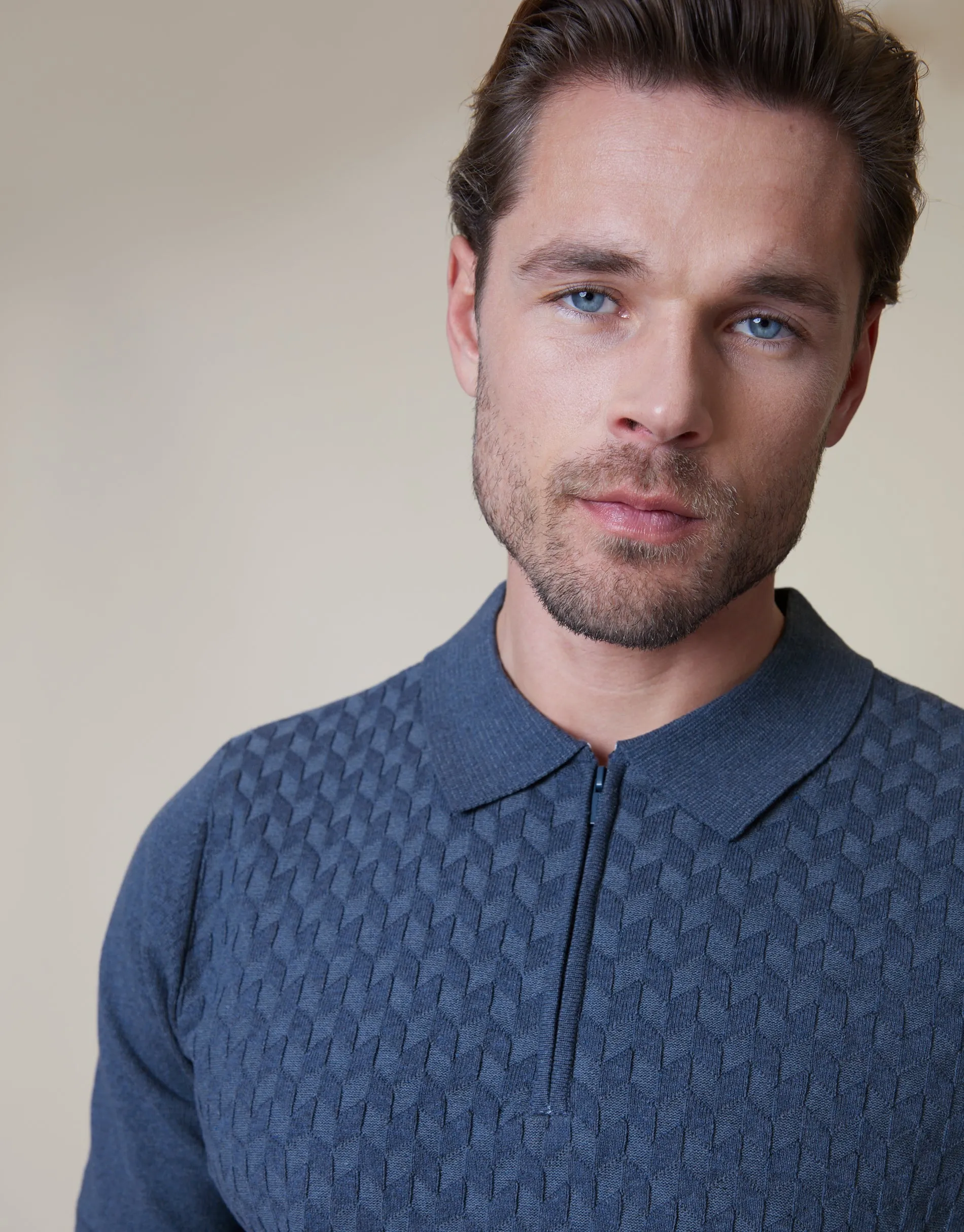 Men's Blue Textured Quarter Zip Knitted Polo sold by Threadbare product image thumbnail 4