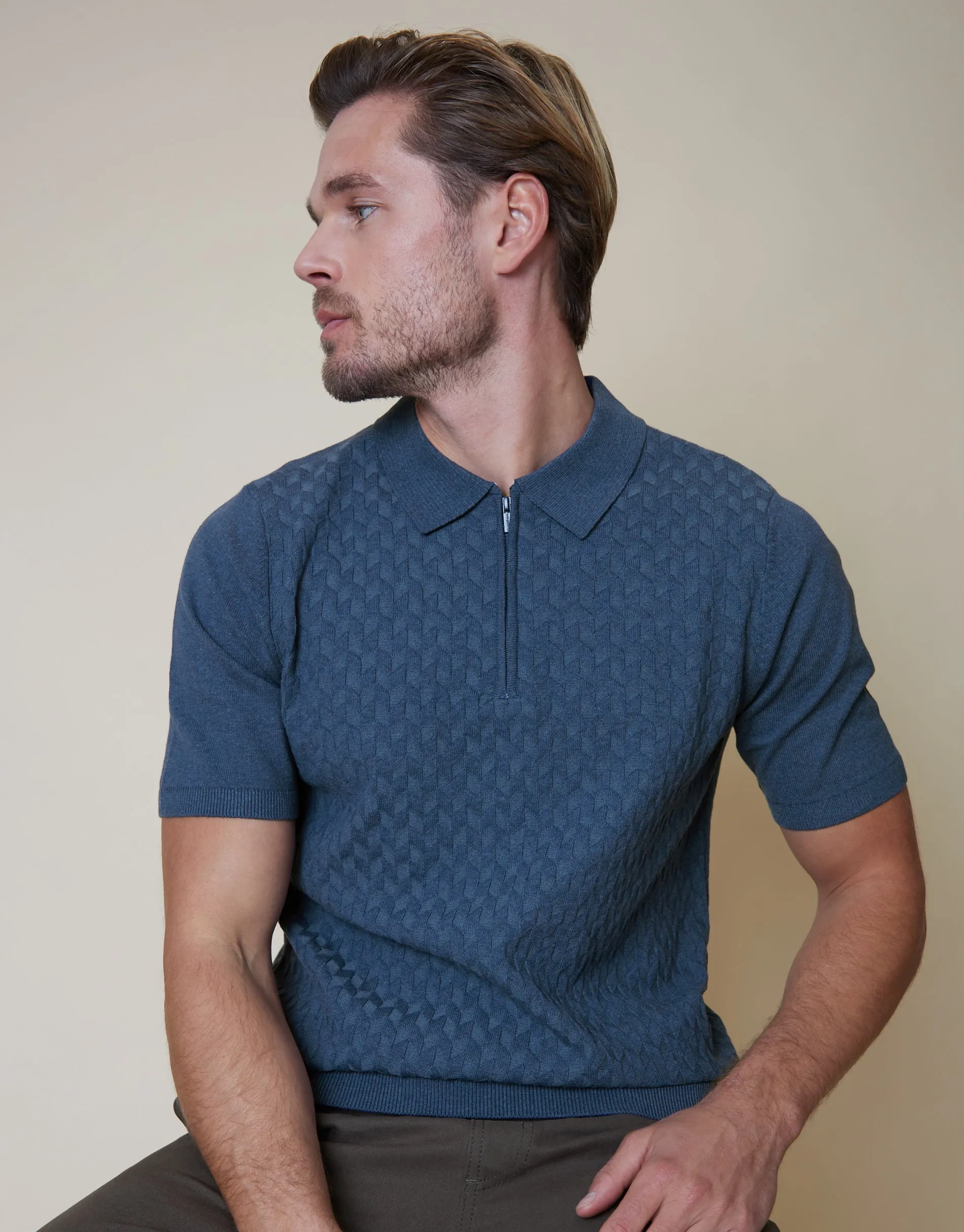 Men's Blue Textured Quarter Zip Knitted Polo sold by Threadbare product image thumbnail 3