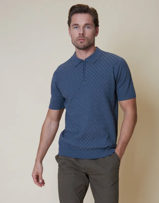 Men's Blue Textured Quarter Zip Knitted Polo sold by Threadbare