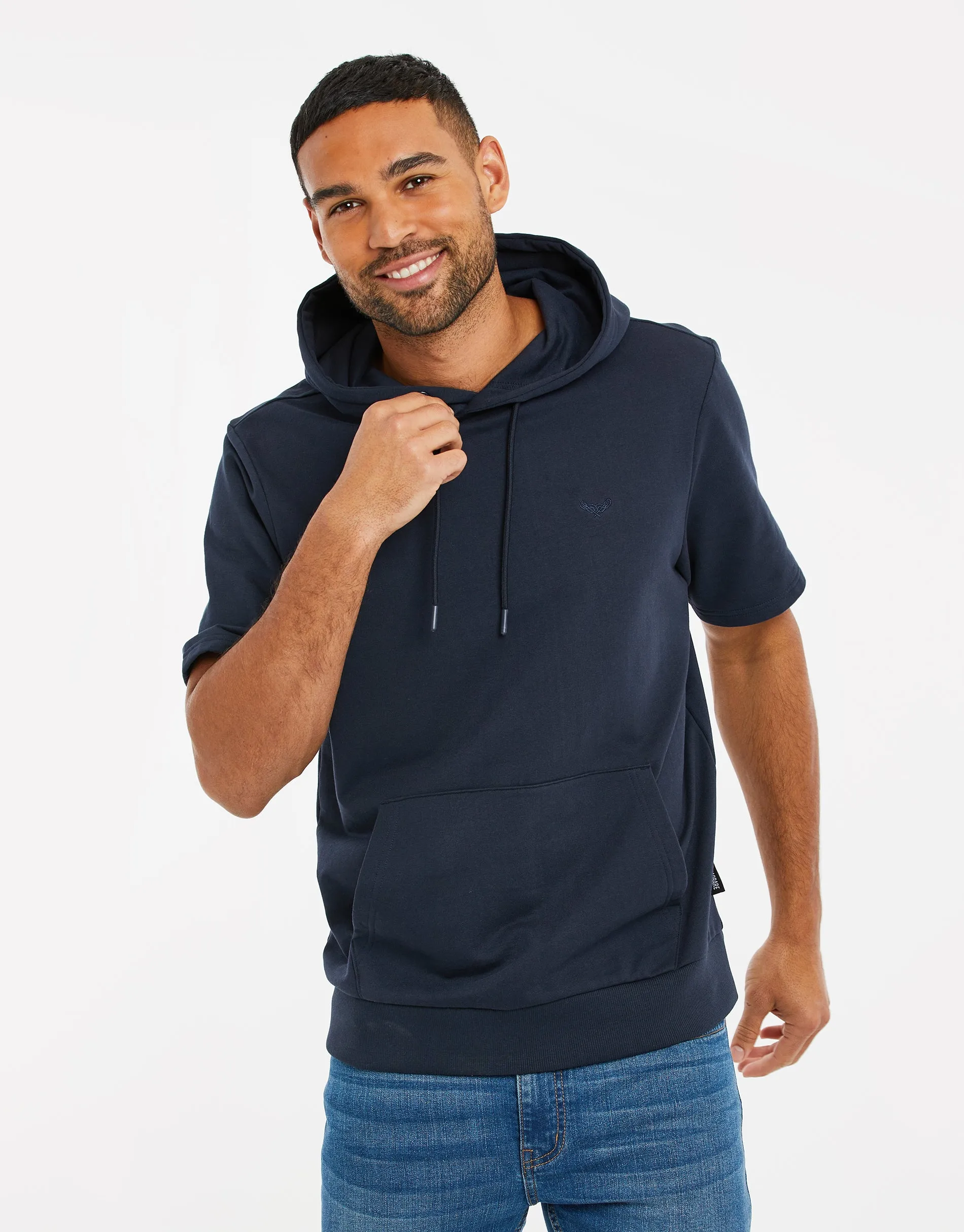 Men's Navy Short Sleeve Pullover Hoodie sold by Threadbare