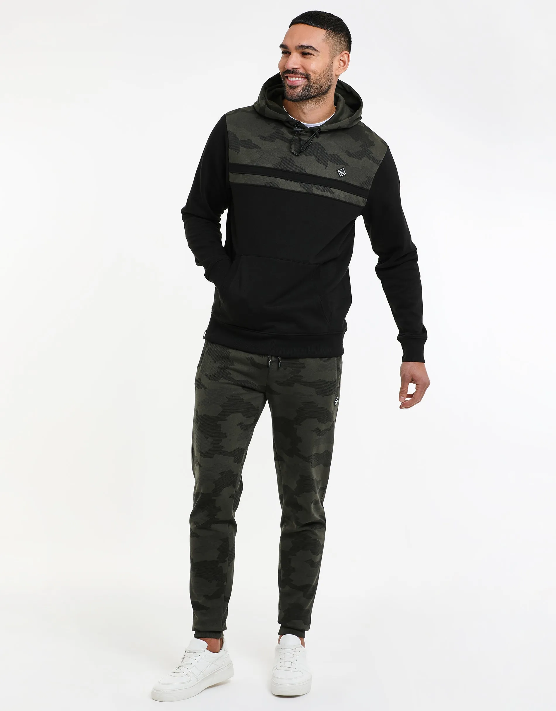 Men's Khaki Camo Panel Pullover Hoodie sold by Threadbare product image thumbnail 3