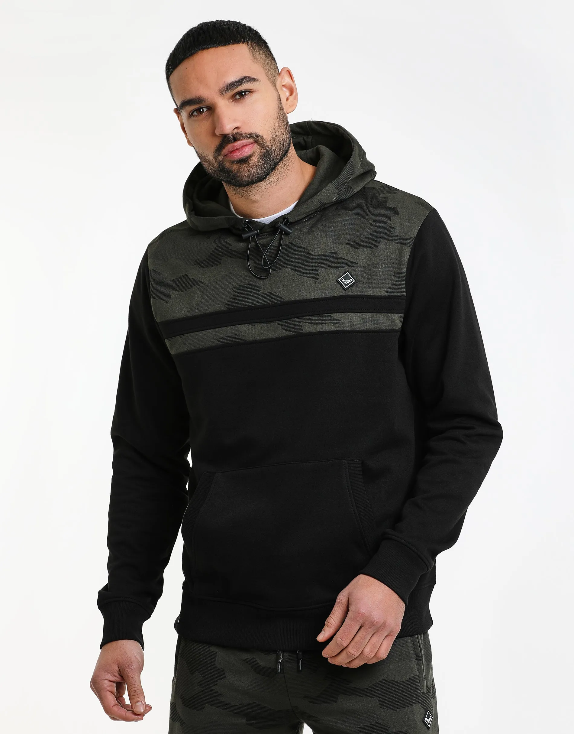 Men's Khaki Camo Panel Pullover Hoodie sold by Threadbare