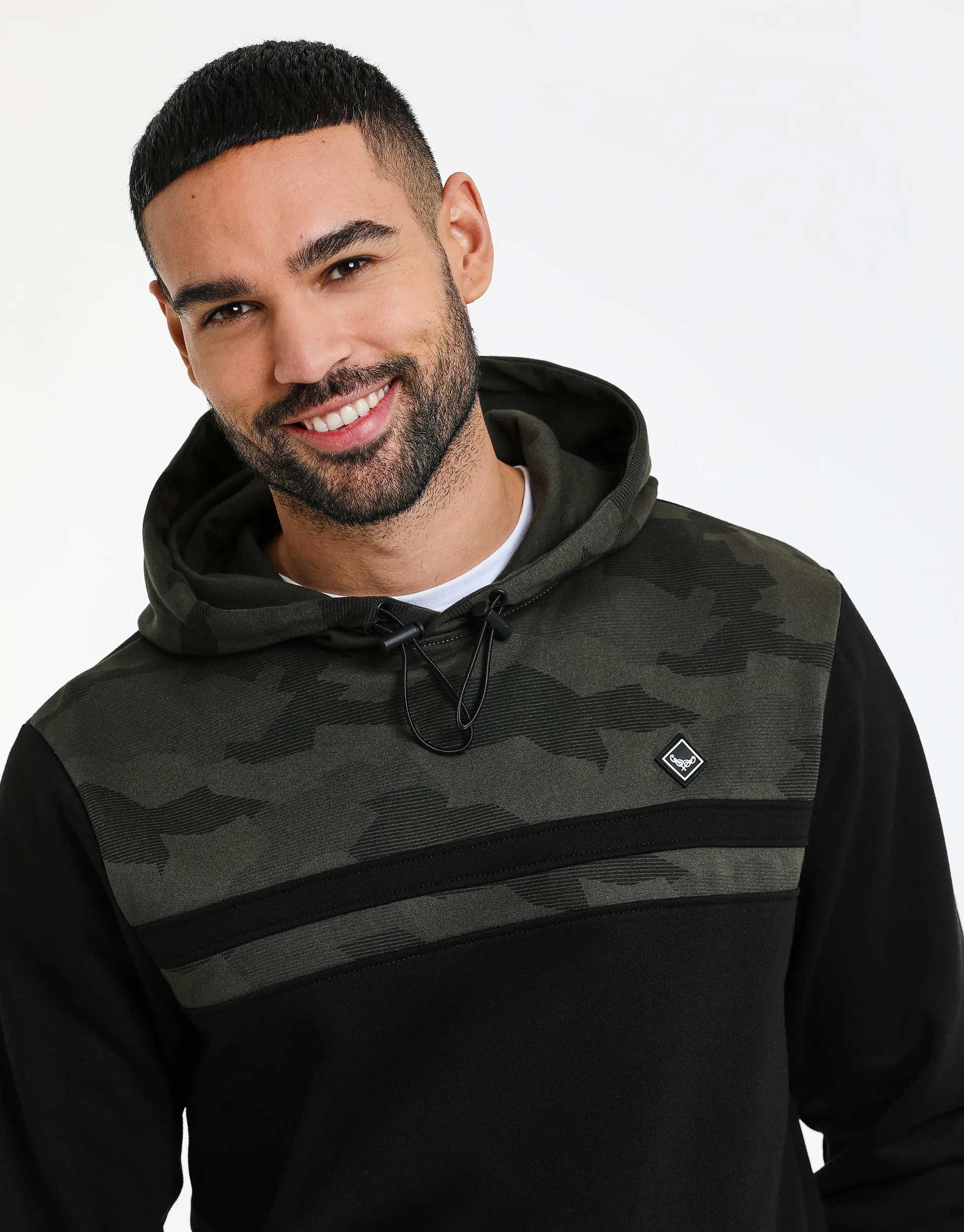 Men's Khaki Camo Panel Pullover Hoodie sold by Threadbare product image thumbnail 4