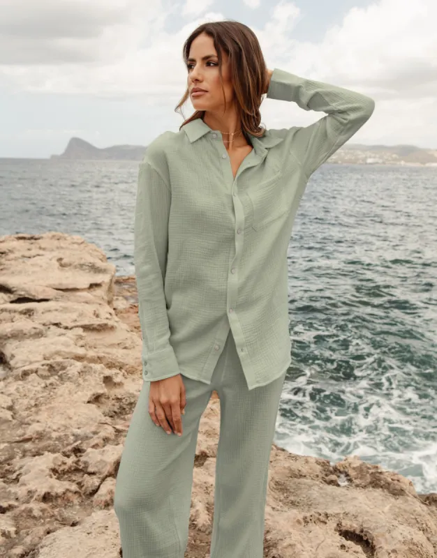 Women's Green Long Sleeve Crinkle Cotton Shirt sold by Threadbare