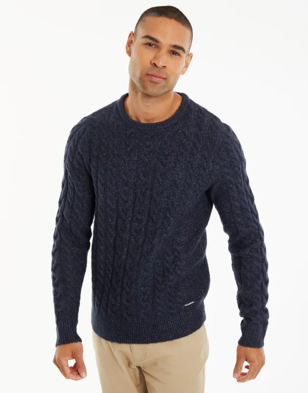 Men's Navy Cable Knit Detail Crew Neck Jumper made by Threadbare