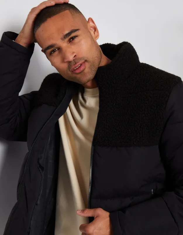 Men's Black Borg Panel Funnel Neck Puffer Jacket sold by Threadbare