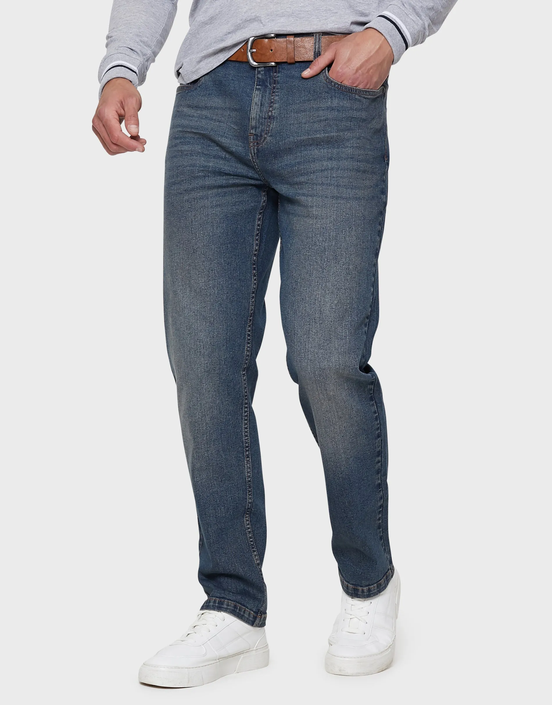 Men's Dirty Wash Blue Straight Leg Belted Jeans sold by Threadbare