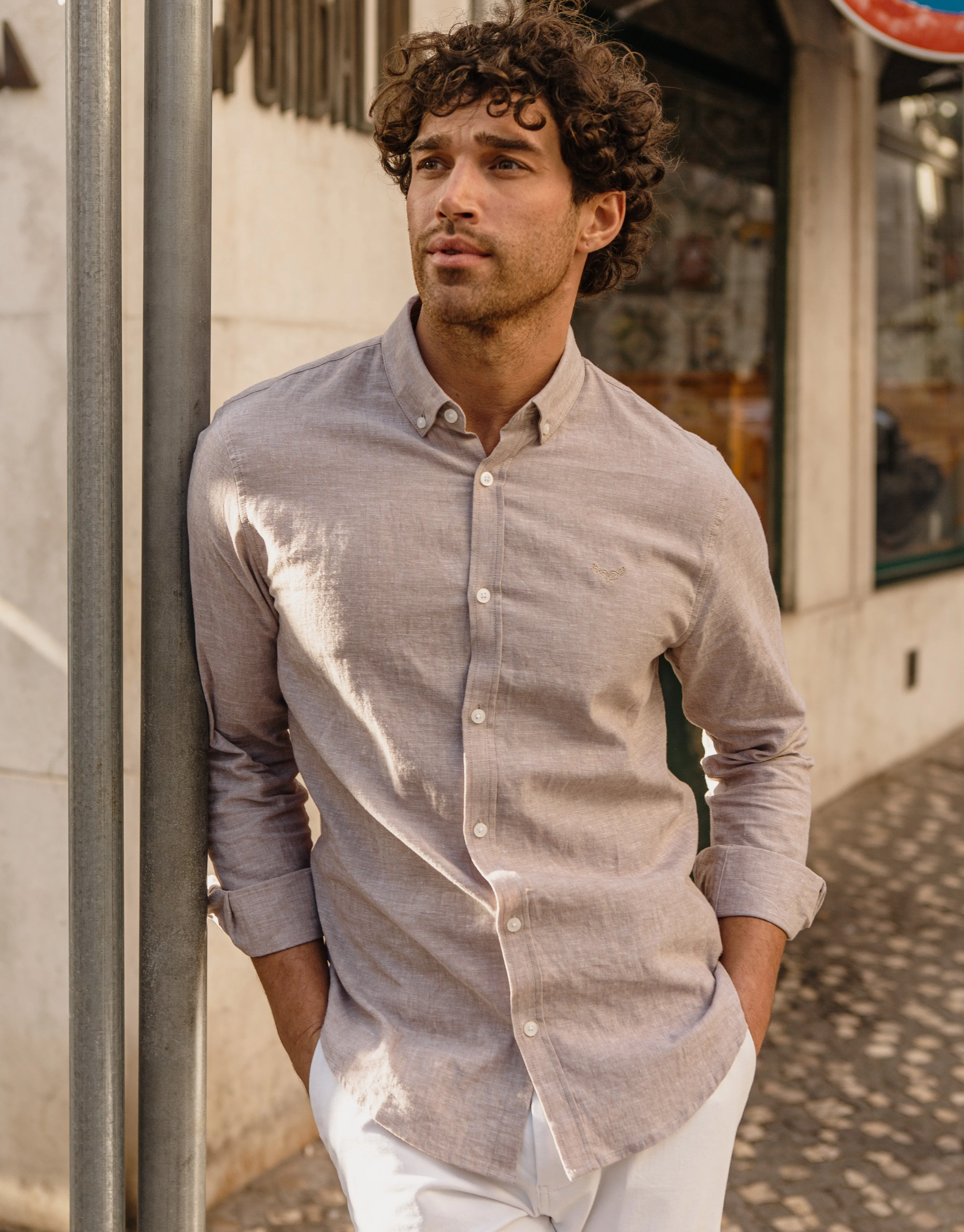 Stone Long Sleeve Linen Blend Shirt sold by Threadbare