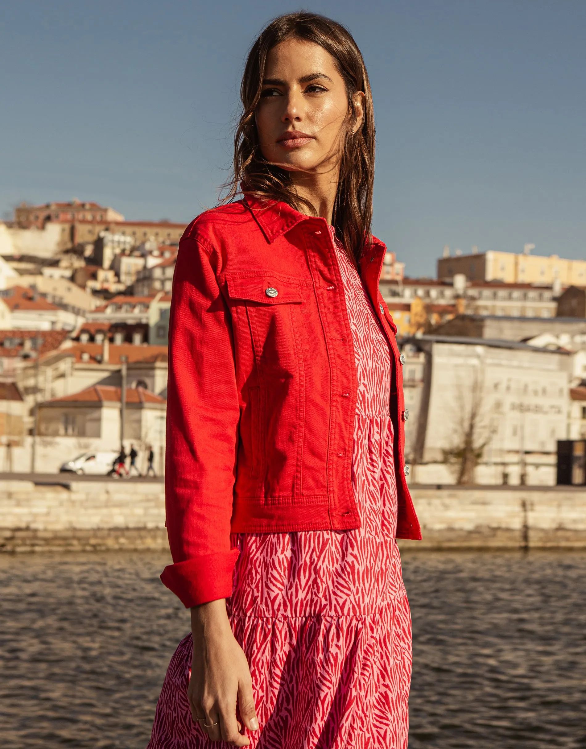 Women's Red Stretch Denim Jacket sold by Threadbare